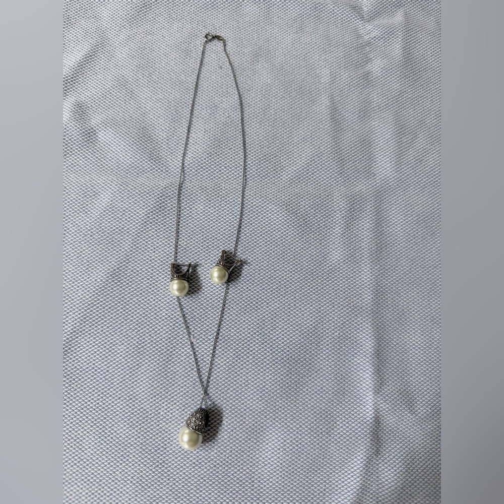 Pearl Pendant Necklace with Matching Stud Earrings - Silver Tone